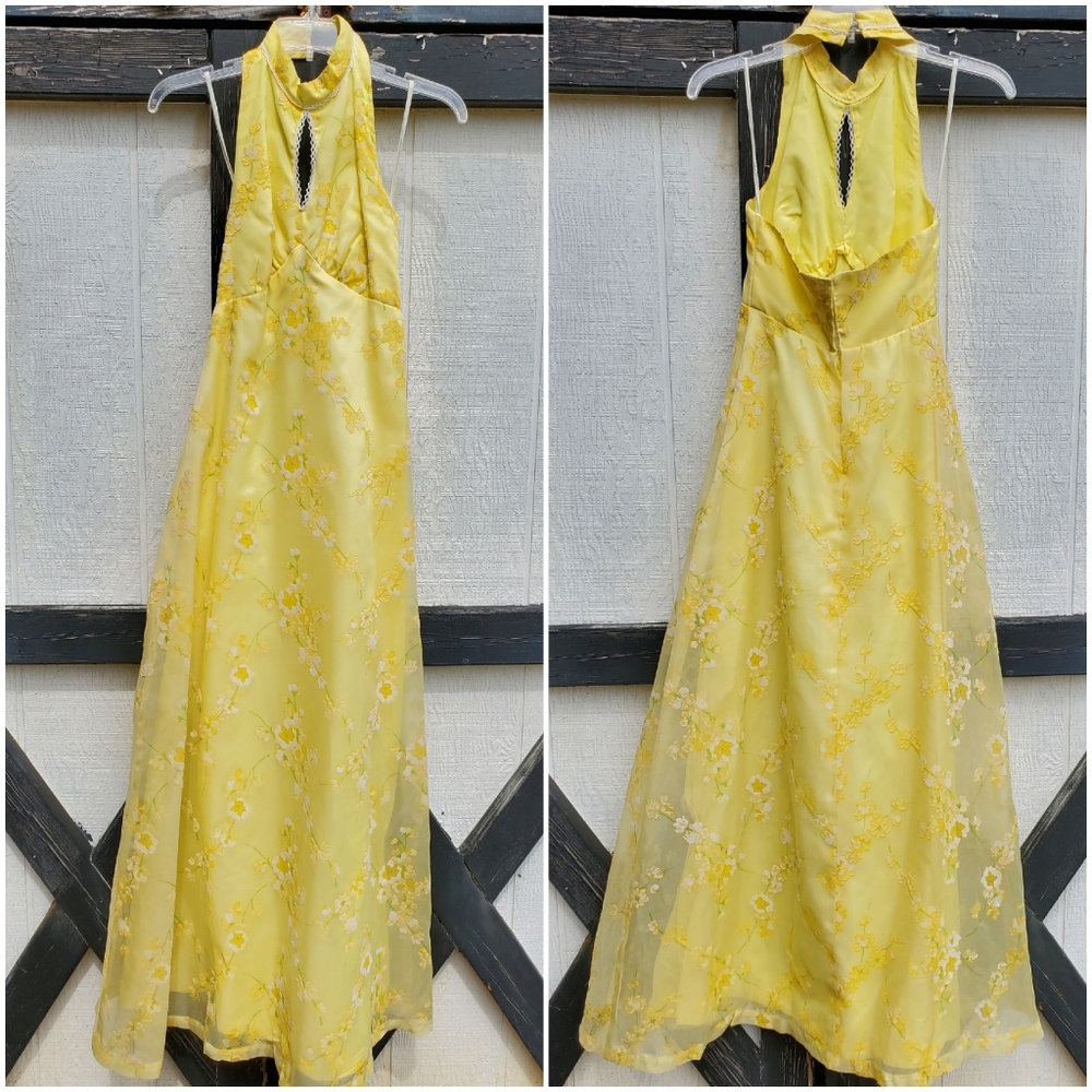 Vintage 1960's/70's Yellow Floral Halter Dress XS - Picture 2 of 16